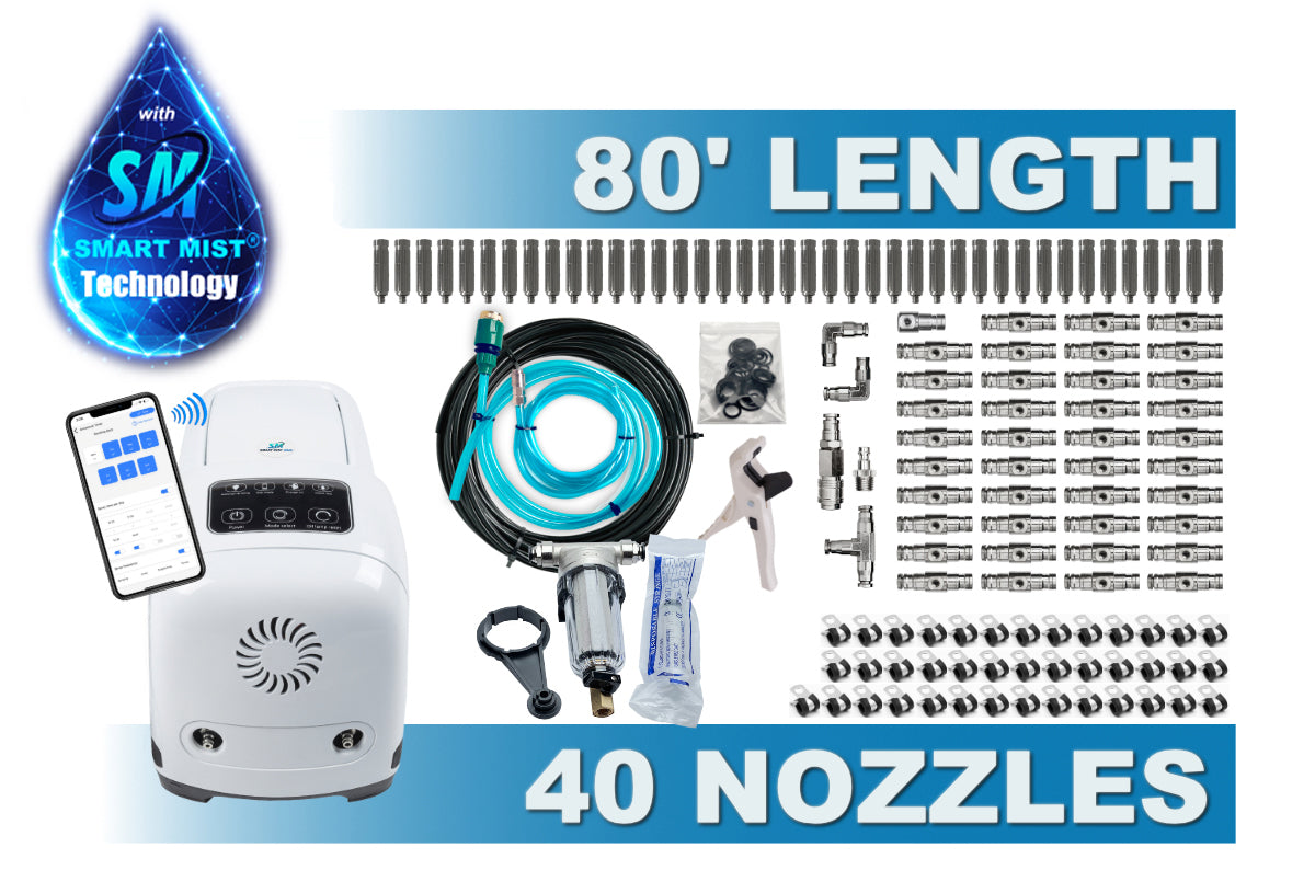 80 ft.- 40 nozzle high pressure misting system w/app control. DIY misting system  Kit with optional stainless steel tubing