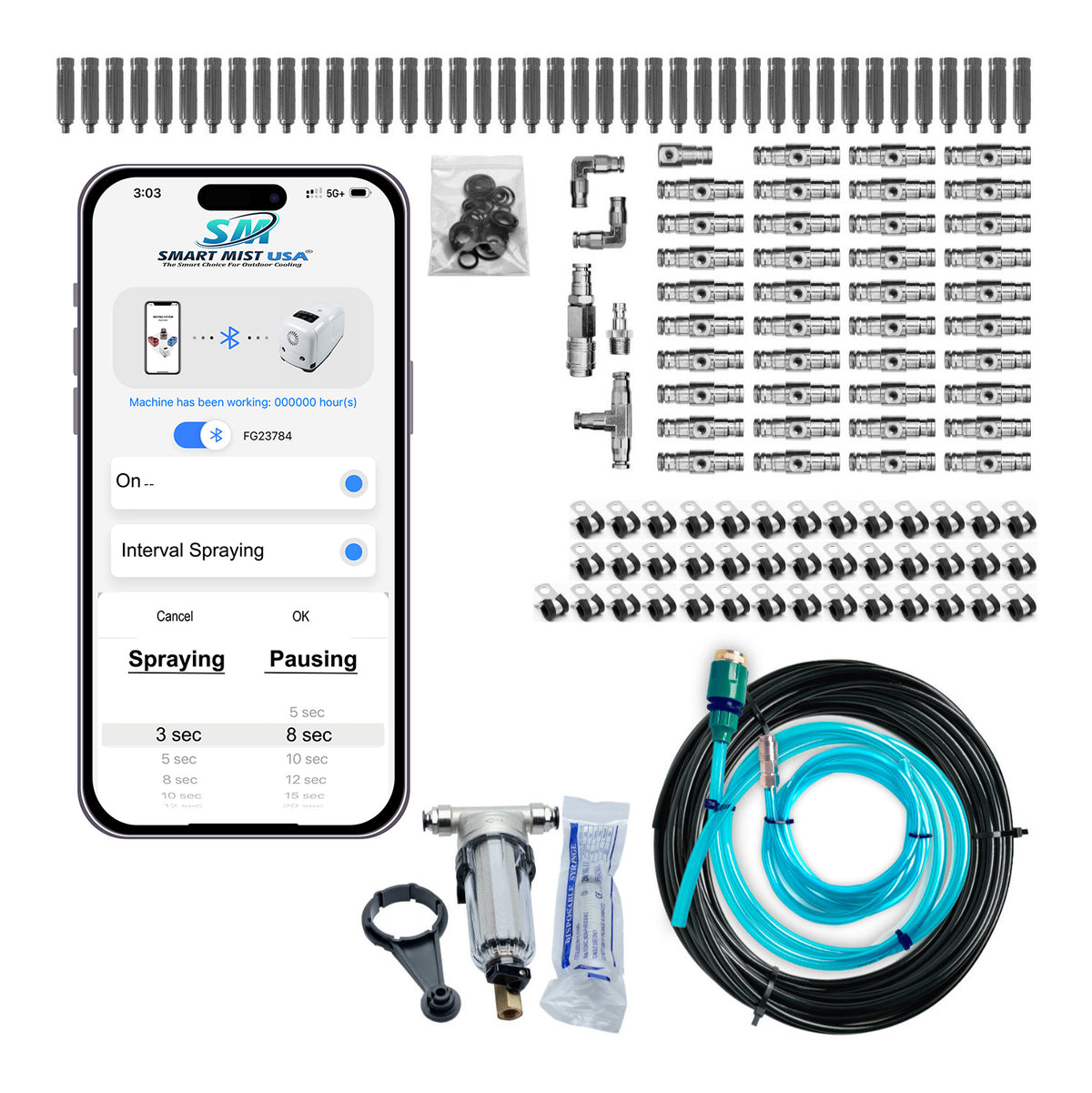 80 ft.- 40 nozzle high pressure misting system w/app control. DIY misting system  Kit with optional stainless steel tubing
